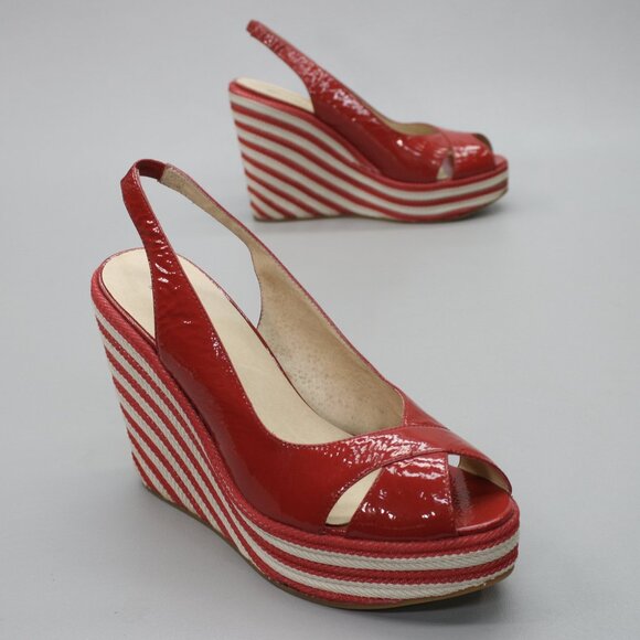 Michael Kors Ladies 10 Red Patent Leather Peep-toe Platform Wedge Heels Shoes - Picture 1 of 12
